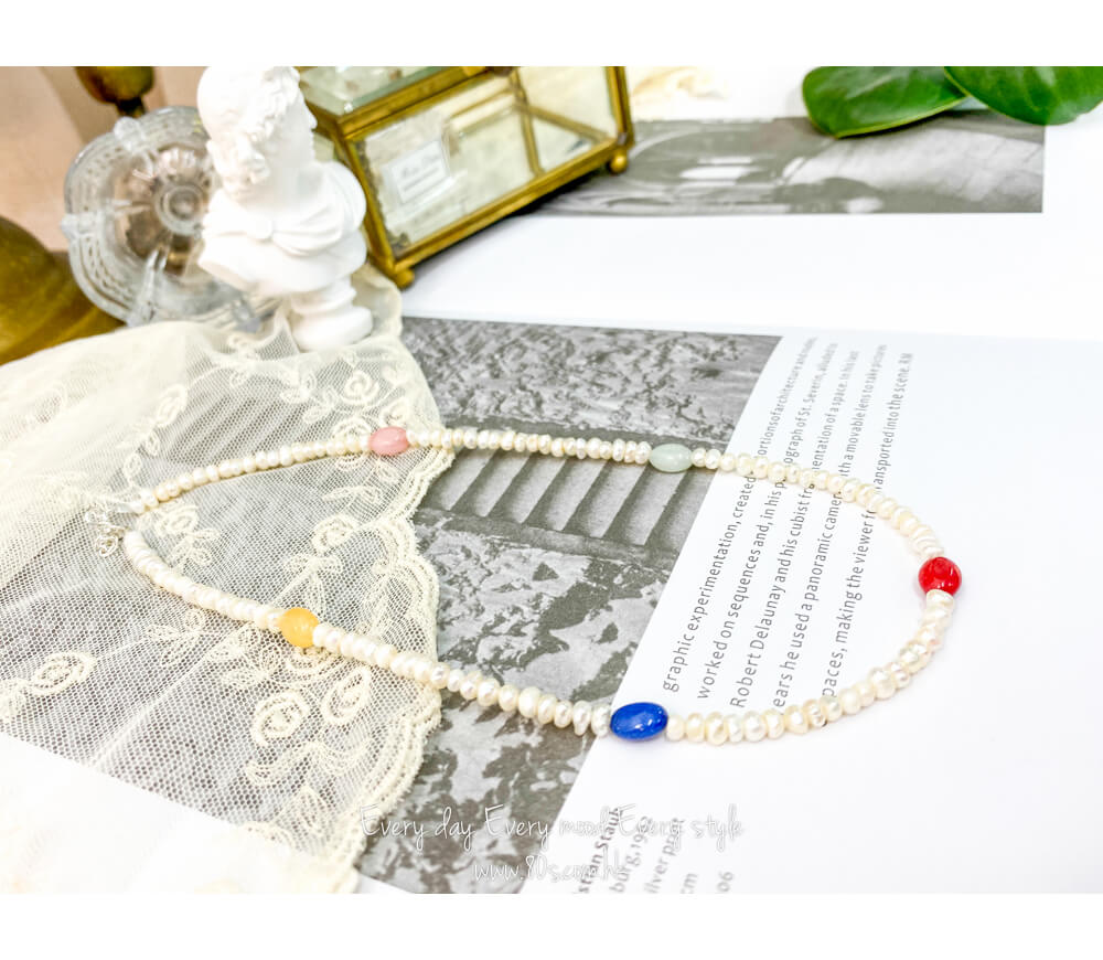 233-1003 彩色天然石 珠珠 ‧ 淡水珍珠 頸鏈 (韓國)( 飾物不設退換）0